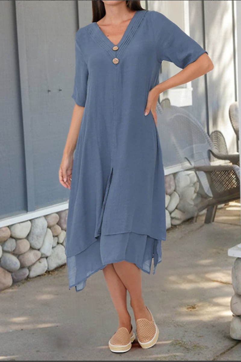 Femmes Robe Midi Robes inspirées du lin Robe en coton et lin Mode Basique Moderne Quotidien Fête Week-end Coupe régulière Uni Manche Courte Col en V Noir Blanche Bleu de minuit Été de 2025 ? $36.99 –P1