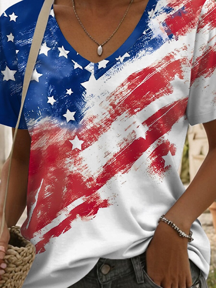 Damen Patriotic Bluse Flagge Lässig Rot Weiß Blau Kurzarm V-Ausschnitt Reguläre Tops Täglicher Druck Blau Sommer Frühling 2025 - $19.99 –P3