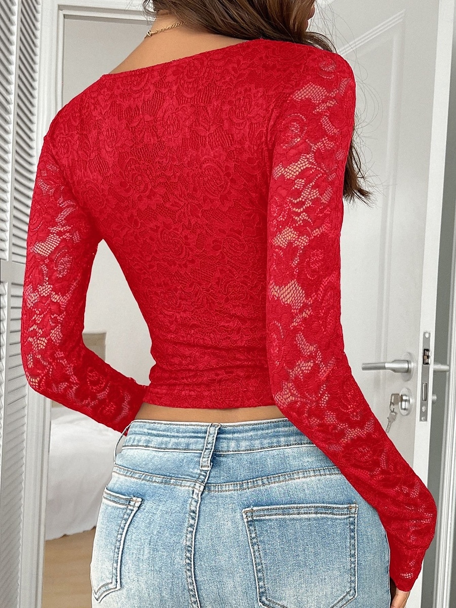 Dam Skjorta Blus Slät Stylish Sexig Modern Långärmad V-hals Vanliga toppar Dagligen Helgdag Spets Lappverk Svart Vit Rodnande Rosa Rubinrött Marinblå Sommar Vår 2025 - $21.99 –P12