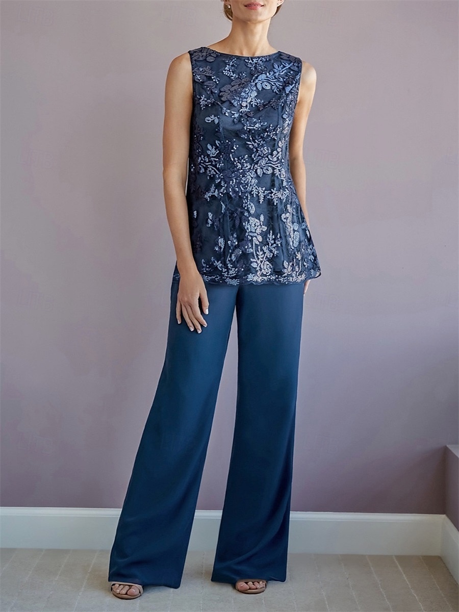 Dreiteilig Hosenanzug Brautmutterkleid Elegant Rundhalsausschnitt Bodenlang Polyester Langarm mit Perlenstickerei 2025 2025 - $99.99 –P6