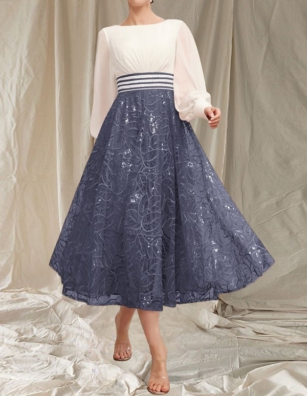 Vestido A-Line da Mãe da Noiva Convidada de Casamento Elegante Decote Redondo Comprimento até o Joelho Chiffon Renda Manga Longa com Apliques de Pedraria Pregas Midi de 2025 por $147.99 –P1