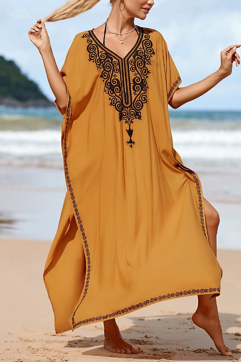 Women's Midi Dress Casual Dress Boho Dress Print Dress Fashion Modern Going out Beach Weekend Regular Fit Flower Short Sleeve V Neck Yellow Summer 2025 - $25.99 –P7