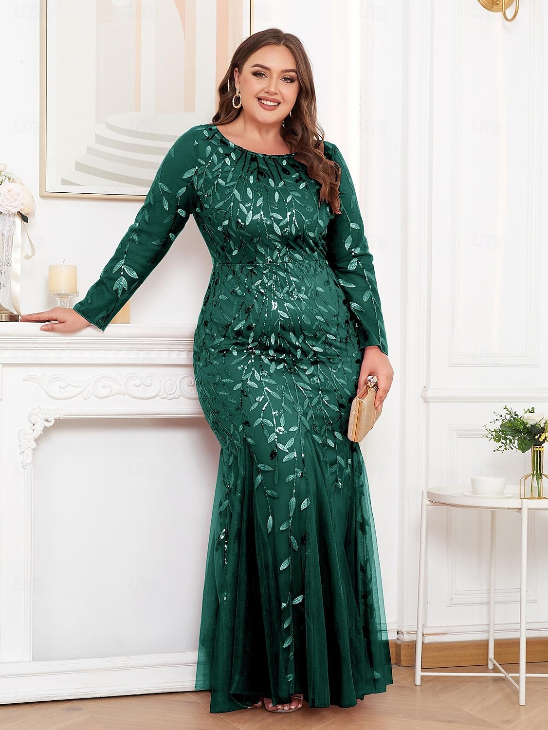 Mermaid / Trumpet Evening Gown Sparkle Dress Formal Floor Length Long Sleeve Crew Neck Champagne Mother Of the Bride Dress Tulle with Embroidery 2025 2025 - $75.99 –P1