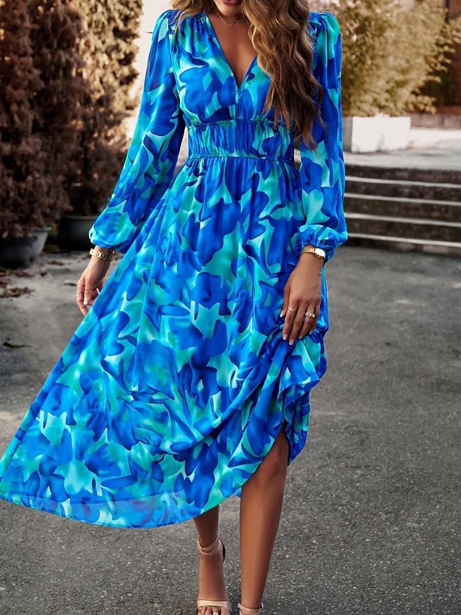 Women's Midi Dress A Line Dress Fit And Flare Dress Puff Sleeve Dress Vacation Casual Vacation Daily Regular Fit Graphic Long Sleeve V Neck Red Blue Green Apricot Summer 2025 - $46.99 –P5