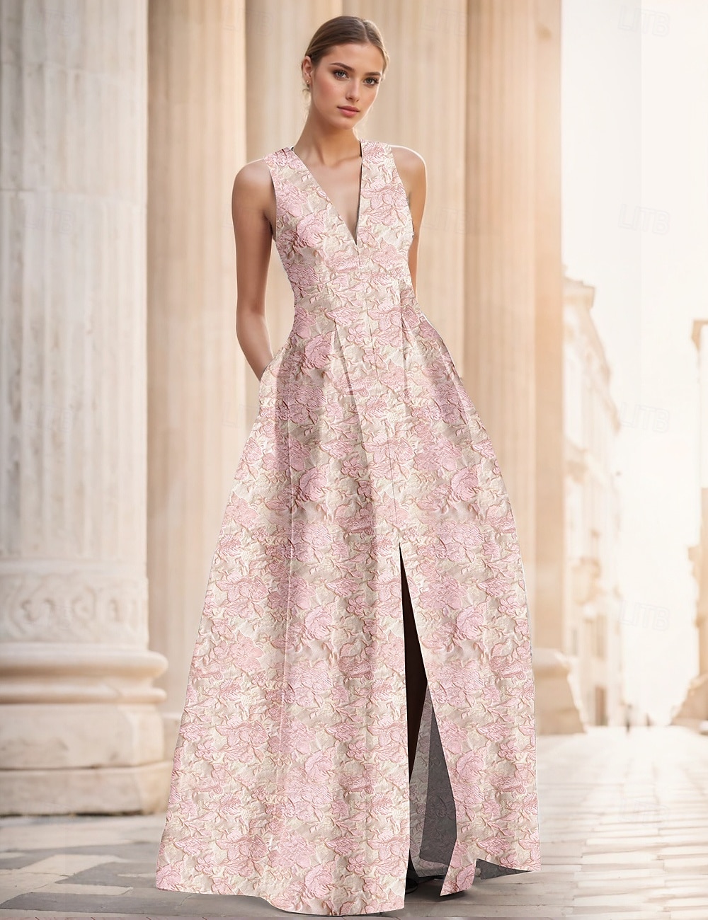 Linha A Vestidos de noite Elegante Vestido Formal Casamento Longo Sem Manga Decote V Fibra Sintética com Estampa floral Fenda Bolsos 2025 de 2025 por $149.99 –P3