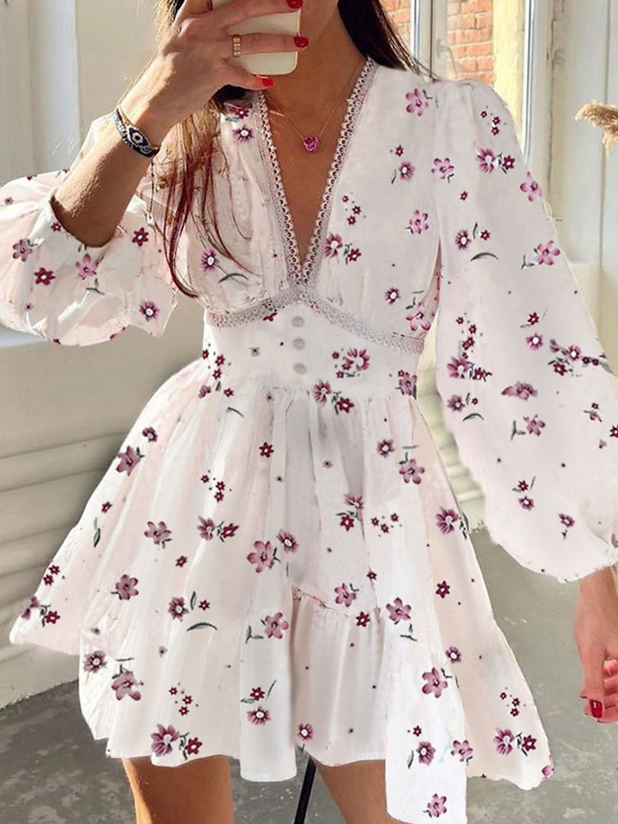 Per donna Mini abito Abito da ospite di nozze Boho Abito aderente e svasato Elegante Moda Sensuale Standard Floreale Manica lunga A V Magenta Nero Bianco Rosa Estate Primavera del 2025 a $23.99 –P6