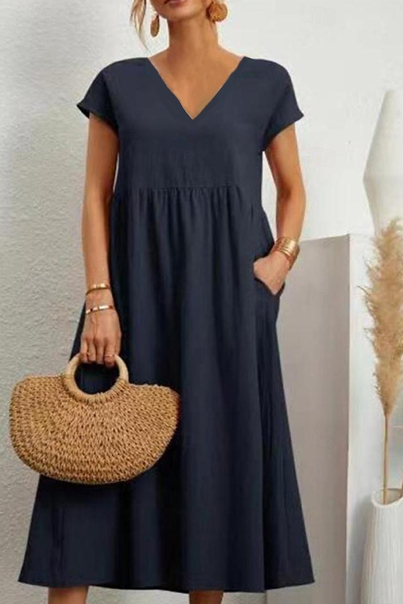 Women's Midi Dress Linen-Inspired Dresses Cotton Linen Dress Basic Classic Modern Vacation Daily Holiday Regular Fit Plain Short Sleeve V Neck Black Light Green Pink Army Green Summer 2025 - $26.99 –P10