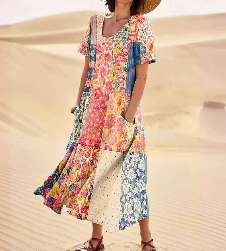 Femmes Robe Midi Robe d'Été Robe trapèze Vacances Occasionnel Boho Sortir Plage Graphique Manche Courte Col Rond Frêne Bleu Orange Vert Été Printemps de 2025 ? $29.99 –P1