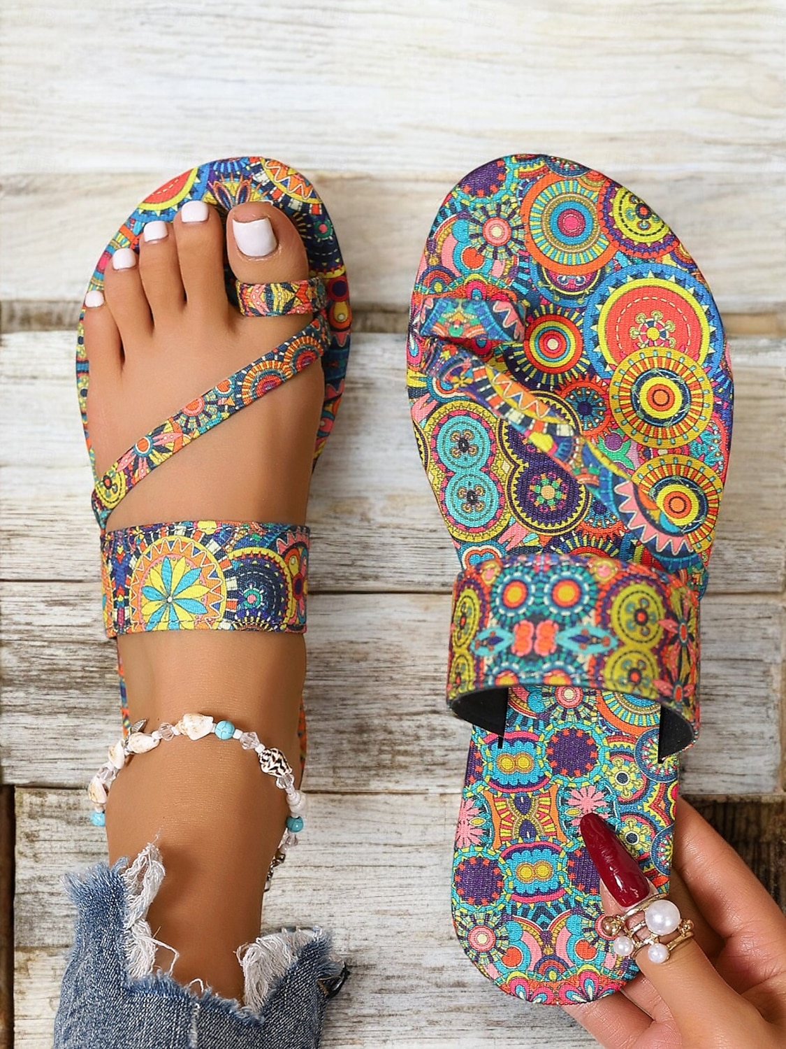 Flache Sandalen für Damen im Boho-Paisley-Print – stylische Riemchensandalen für den Sommer für Freizeitausflüge, Strand und Urlaub 2025 - $18.99 –P4