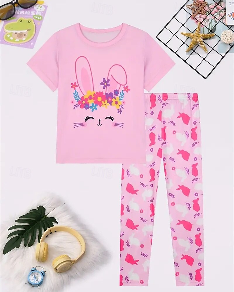 Easter Girls' 3D Graphic Rabbit Pajama Sets Tee & Pants Pajama Sets Short Sleeve 3D Print Summer Spring Active Basic Kids 4 years+ Crew Neck Home Daily Regular Fit 2025 - $17.99 –P1