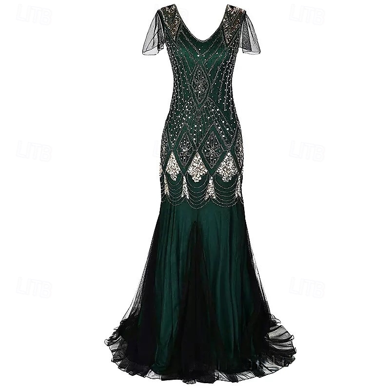 Sheath / Column Mother of the Bride Dress Elegant Vintage Party V Neck Floor Length Lace Tulle Short Sleeve with Beading Sequin Appliques 2025 - $79.99 –P8