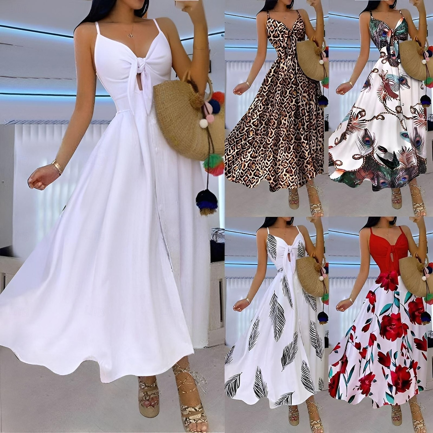Mulheres Vestido midi Vestido de formatura Vestido Swing Vestido de verão Vestido de decote Moda Ao ar livre Feriado Encontro Normal Leopardo Flor Sem Manga Correias Preto Branco Marfim Vermelho Verão de 2025 por $28.99 –P1