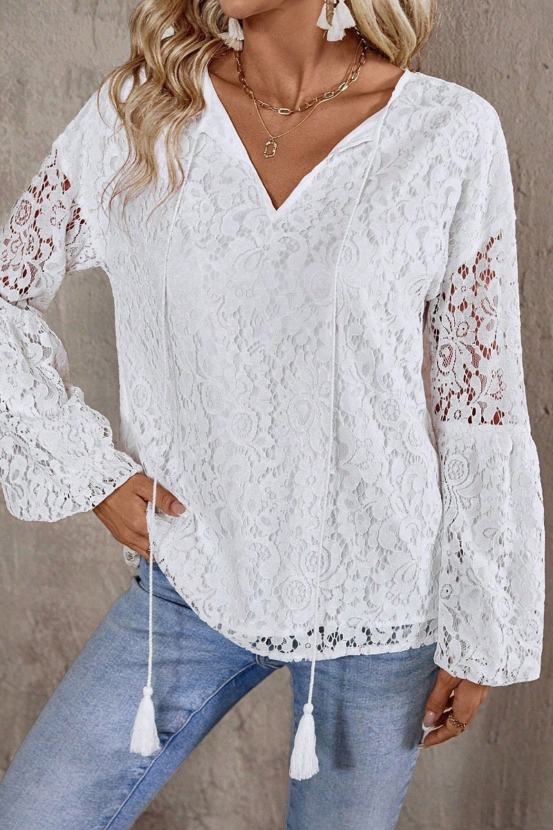 Damen Bluse Spitzentops Glatt Stilvoll Modern Langarm V Ausschnitt Normale Oberteile Täglich Festtage Spitze Weiß Sommer 2025 - $18.99 –P3