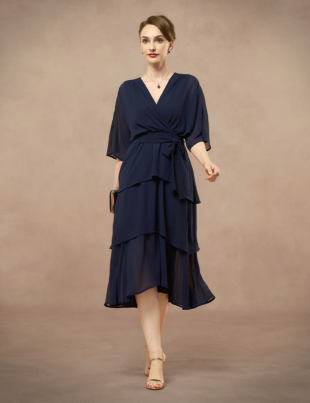 A-Line Mother of the Bride Dress Wedding Guest Elegant V Neck Floor Length Chiffon Half Sleeve with Bow(s) Cascading Ruffles Solid Color 2025 2025 - $87.99 –P4