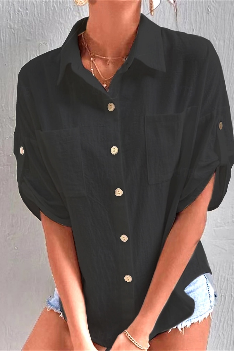 Damen Hemd Baumwoll-Leinen-Hemden Knopfleiste Bluse Einfach Basic Lässig Kurzarm Hemdkragen Normale Oberteile Ferien Ausgehen Knöpfe Tasche Schwarz Weiß Marineblau Khaki Grau Sommer 2025 - $21.99 –P19