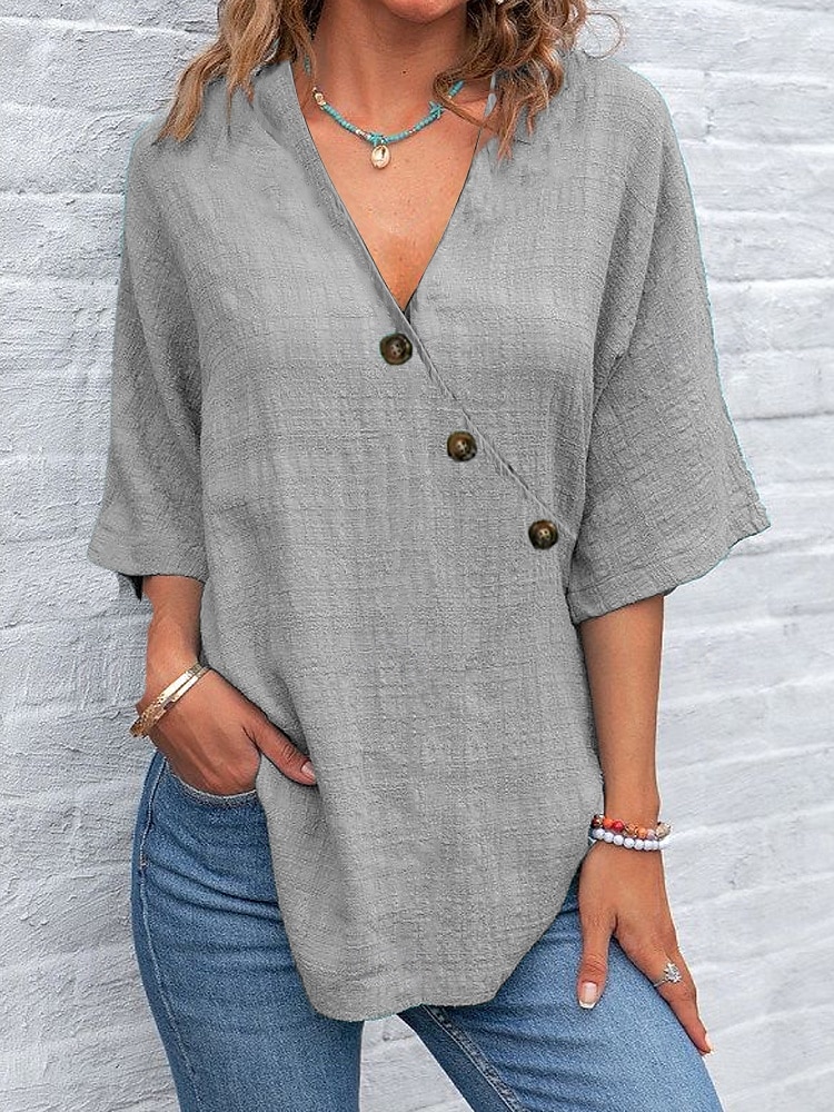 Women's Shirt Cotton Linen Shirts Plain Daily Casual Half Sleeve Butterfly Sleeve Crossover Collar Regular Tops Daily Patchwork Buttons Blue Purple Green Gray Summer Spring 2025 - $24.99 –P1