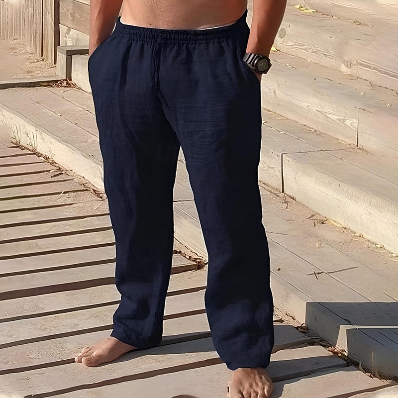 Men's Linen Pants Trousers Summer Pants Beach Pants Pocket Drawstring Elastic Waist Plain Comfort Breathable Vacation Daily Holiday Hawaiian Boho Black Navy Blue 2025 - $19.99 –P2