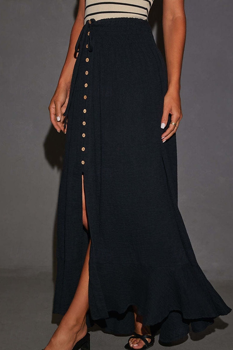 Jupes femme inspirées du lin, mode, maxi, taille mi-haute, uni, ourlet asymétrique, extrémités fourchues, micro-élastique, vacances, rue, noir, blanc, été, coton de 2025 ? $26.99 –P13