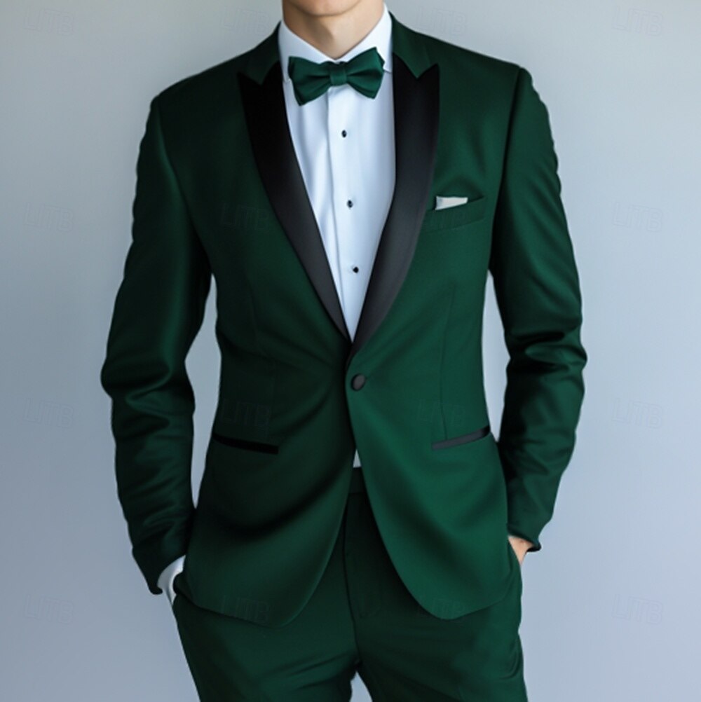 ternos masculinos para festa de formatura, smoking, verde escuro, formal, cor sólida, ajuste padrão, 2 peças, abotoamento simples, um botão de 2025 por $122.99 -P2
