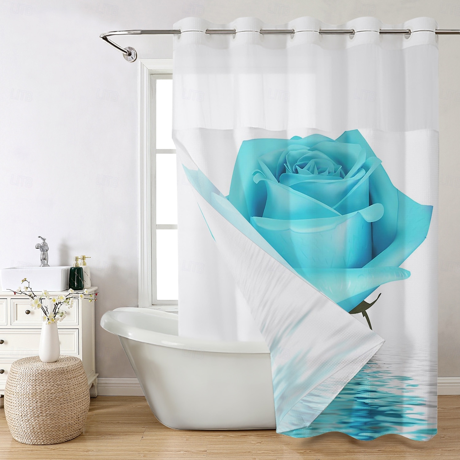 Ensemble de rideaux de douche à motifs floraux en tissu gaufré avec doublure snap-in et fenêtre transparente polyester déperlant haut avec œillets sans crochet rideau de séparation de salle de bain de 2025 ? $41.99 –P4