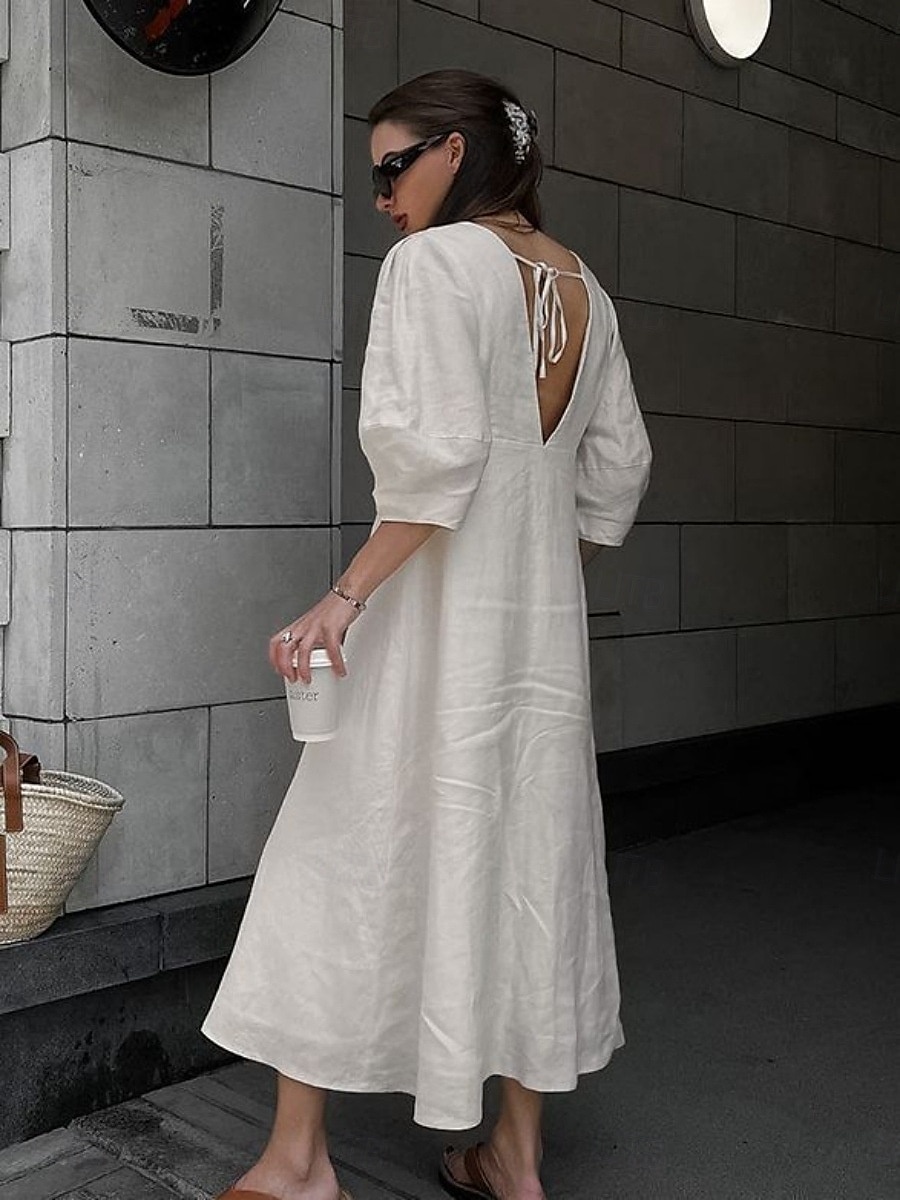 Damen Langes Kleid Maxikleid Freizeitkleid Sommerkleid Boho-Kleid Elegant Mode Basic Puffärmel Büro Geburtstag Täglich Normale Passform Einfach Halbarm Tiefer V-Ausschnitt Weiß Sommer Frühling Herbst 2025 - $23.99 –P3