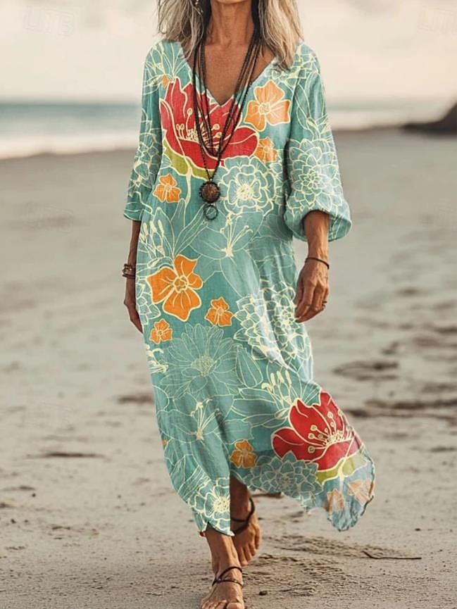 Frauen Maxi Kleid Strandkleid A-Linie Kleid Urlaub Lässig Strand Outdoor Urlaub Alltag Reguläre Passform Floral Grafik Lange Ärmel V-Ausschnitt Hellgrün Sommer Frühling 2025 - $36.99 –P1