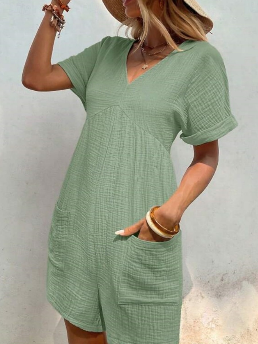 Rompers pour femmes couleur unie manches courtes col en V poches vacances quotidien coupe régulière noir vert abricot été de 2025 ? $34.99 –P8