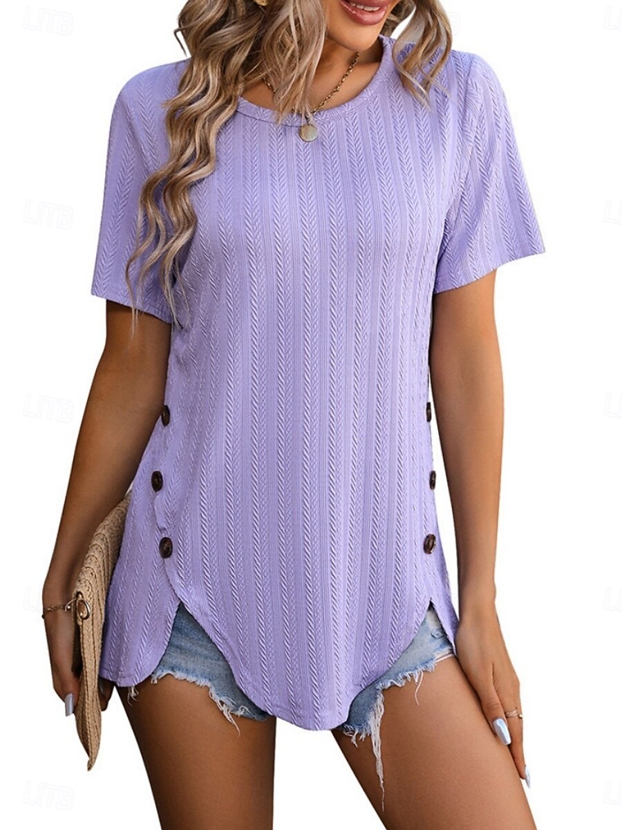 T-shirt Femme Uni Mode Moderne Décontracté Manches Courtes Col Rond Tops Quotidien Week-end Boutons Noir Blanc Violet Fuchsia Été de 2025 ? $21.99 –P1