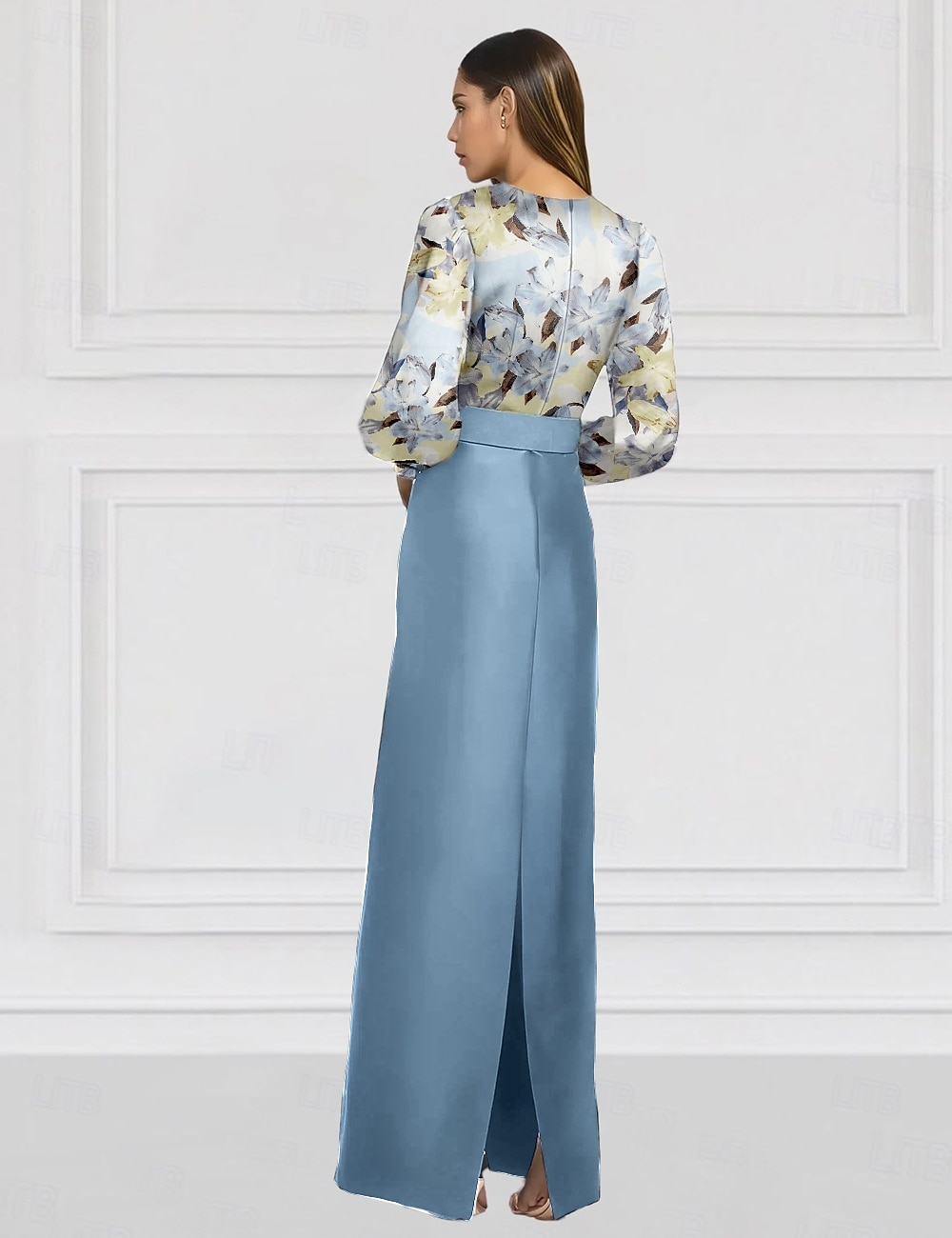 Abito da Sera Sirena Abito Formale Matrimonio Lunghezza Piena Maniche Lunghe Scollo a V Satin con Stampa Floreale Abito da Ospite di Matrimonio del 2025 a $160.99 –P2