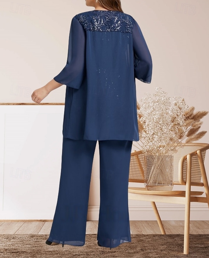 Jumpsuit / Pantsuit Mother of the Bride Dress Wedding Guest Elegant Crew Neck Floor Length Chiffon Lace 3/4 Length Sleeve with Lace 2025 - $168.99 –P4