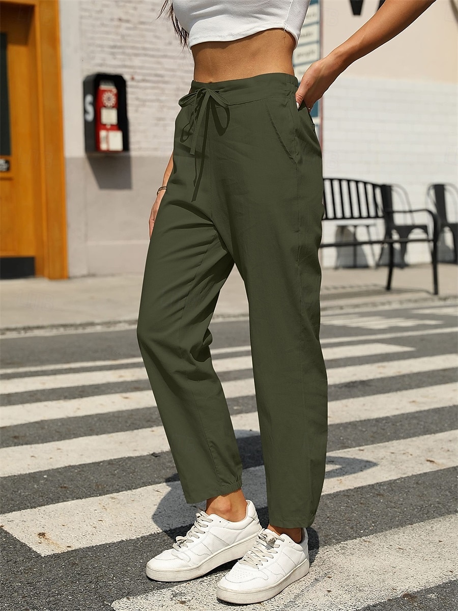 Women's Baggy Pants Chinos Fashion Streetwear Full Length Medium Waist Plain Pocket Drawstring Comfy Soft Comfortable Linen Like Micro-elastic Outdoor Street Black White Army Green Khaki Summer 2025 - $25.99 –P4