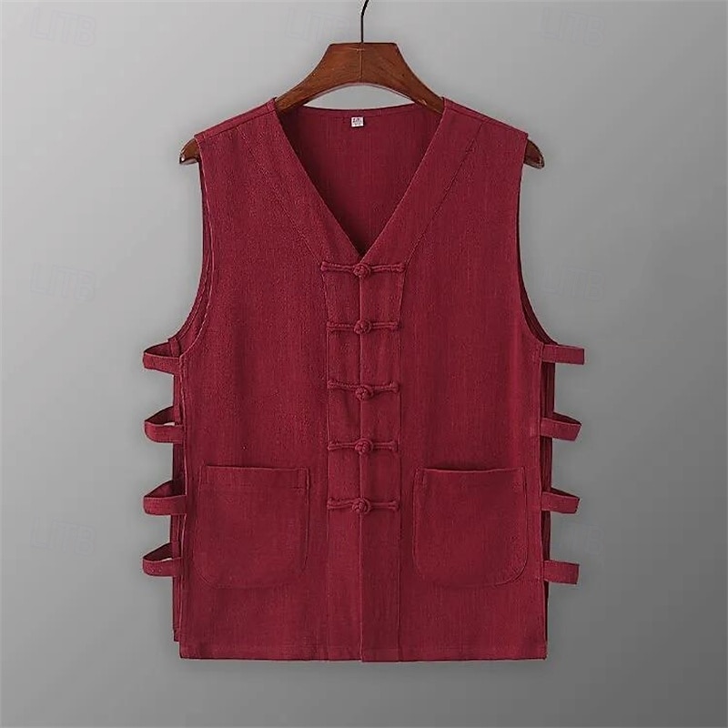 Herr Linne Undertröjor Ärmlös tröja Ärmlös V-hals Sommar Slät Designer Grundläggande Kineseri Knappar Semester Gata Utekväll Svart Vit Vin Topp t-shirt för män 2025 - $15.49 –P5