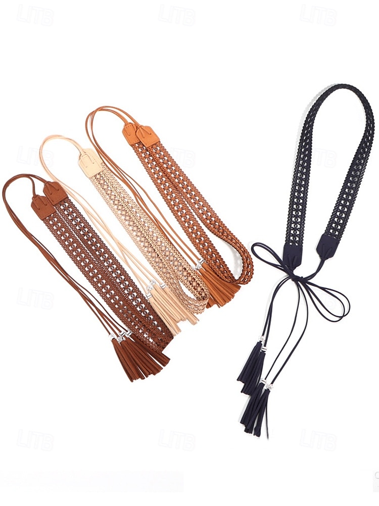kvinnors boho-snörsbälte med tofs – vintage ihåligt midjebälte i fuskmocka, justerbart brett cinch-bälte för klänningar, festivaler och casual outfits 2025 - $11.99 –P6