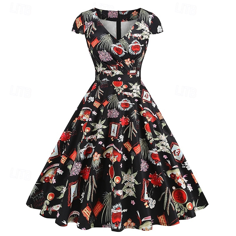 Lata 50. Retro / vintage Rockabilly Do kolan Sukienka kopertowa Sukienka huśtawka Rozkloszowana sukienka Normalny Krótki kimonowy Kwiaty Obcisła i rozszerzona Huśtawka wisząca W serek Strój na bal 2026 - $32.99 –P17