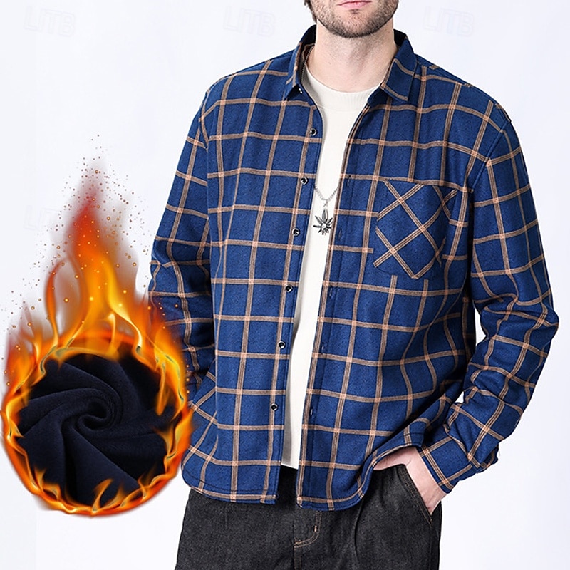 Men's Shirt Casual Shirt Beach Shirt Fleece Shirt Button Up Shirt Red Royal Blue Blue Orange Green Long Sleeve Plaid Lapel Vacation Hawaiian Pocket Clothing Apparel Polyester Fashion Casual 2025 - $28.99 –P4