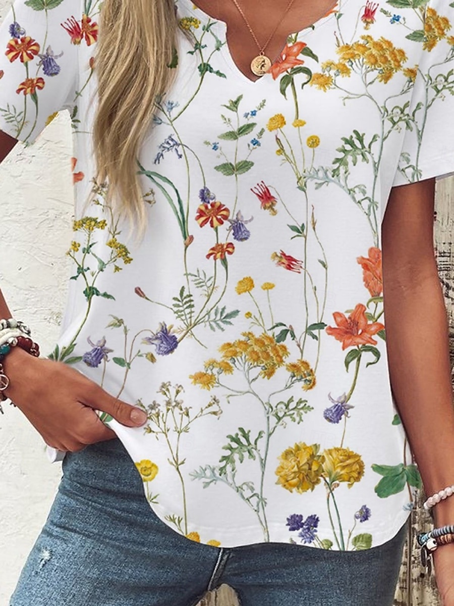 Pentru femei Tricou Floral Modă Modern Manșon scurt În V Topuri obișnuite Zilnic Imprimeu Alb Albastru piscină Trifoi Vară 2025 - $14.49 –P3