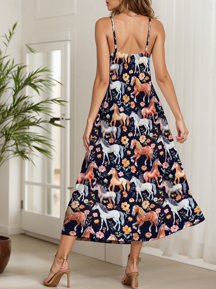 Kentucky Derby Dam Midiklänning Solklänning A linjeklänning Slipklänning Elegant Semester Ledigt Semester Dagligen Strand Normal Blommig Grafisk Djur Ärmlös V-hals Orange Sommar Vår 2025 - $28.99 –P2