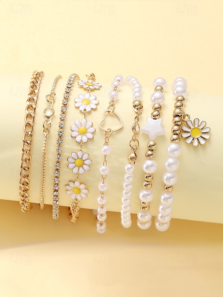 "Boho Daisy Pearl Bracelet Set for Women – Gold Chain & Beaded Layered Bracelets, Cute Floral Jewelry for Summer, Beach, Festivals and Casual Wear" 2025 - $7.99 –P6