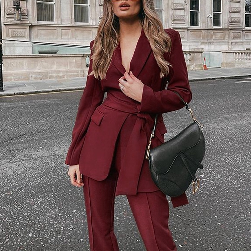 Pantsuit Mother of the Bride Elegant Shirt Collar Ankle Length Polyester Long Sleeve with Solid Color 2025 2025 - $129.99 –P5