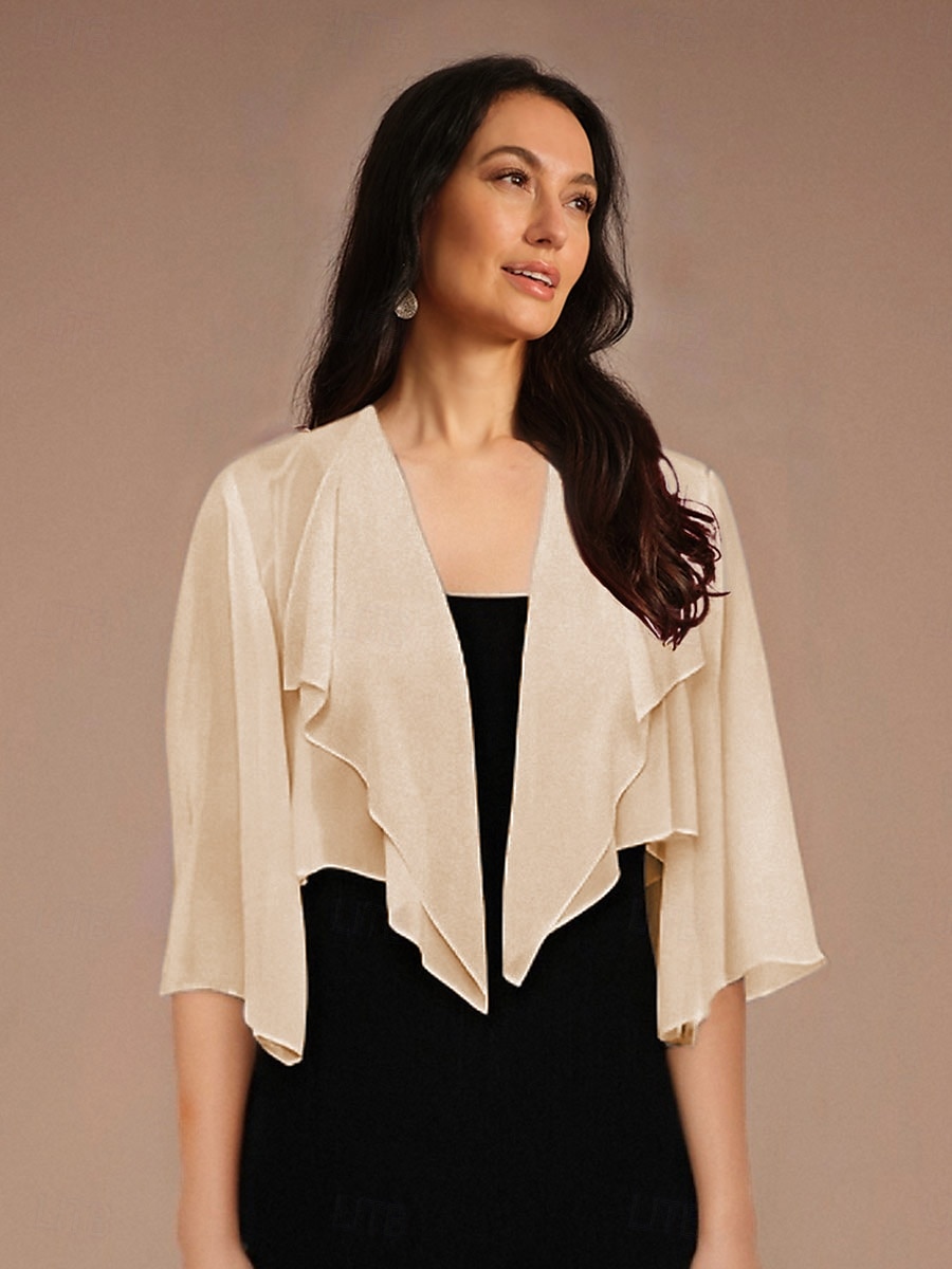 Women's Flowy Tops Chiffon Tops Solid Color Elegant 3/4 Length Sleeve Asymmetrical Crop Tops Wedding Guest Champagne Summer Spring Fall 2025 - $29.99 –P1