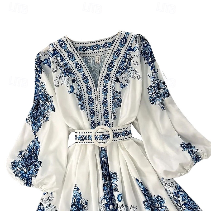 Dam Midiklänning Boho-klänning Klänning med tryck Mode Puffärmad Utomhus Helgdag Utekväll Normal Blomma Långärmad V-hals Blå Sommar 2025 - $26.99 –P7