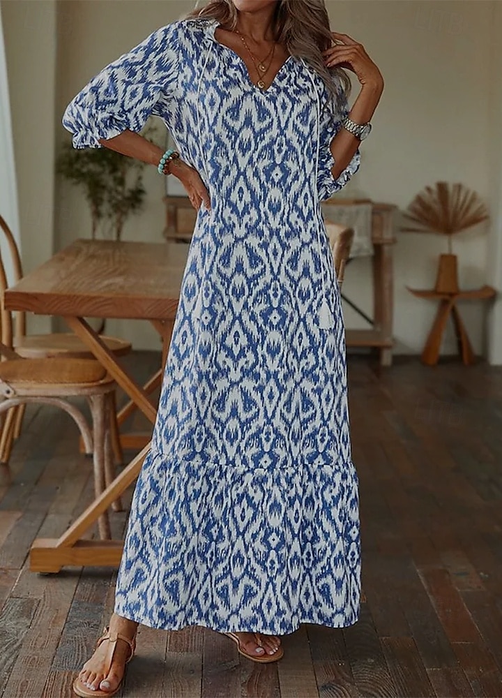 Damskie Długa sukienka sukienka maxi Sukienka Boho Sukienka z nadrukiem Sukienki Peplum Romantyczna Nowoczesny Bufka Codzienny Święto Plaża Luźna Graficzny Kwiat Rękaw 1/2 W serek Rumiany r 2025 - $24.99 –P4