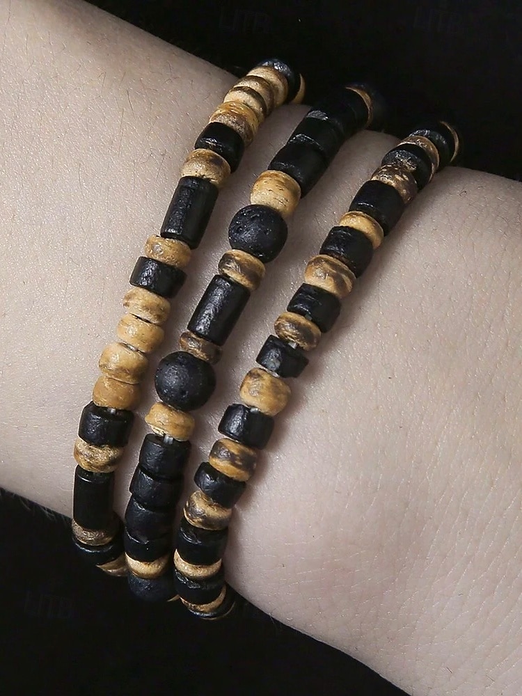 Juego de pulseras de cuentas de piedra natural hechas a mano para hombre: pulsera de madera y turquesa estilo bohemio surfista, joyería tribal ajustable para playa, viajes y ropa informal. 2025 - $9.99 –P1