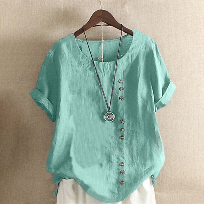 Femmes Chemisier Chemises en coton et lin Uni Moderne Occasionnel Manche Courte Col ras du cou Hauts Réguliers Fête Sortir Boutons Blanche Jaune Vert Véronèse Vert Été de 2025 ? $22.99 –P2