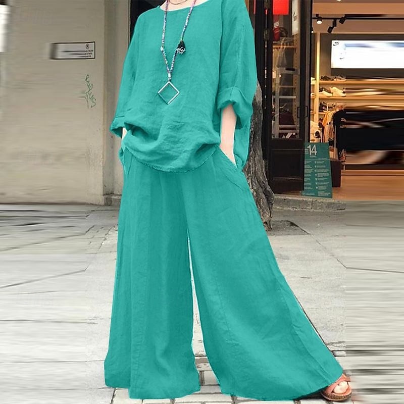 Women's Streetwear Daily Cotton Linen Sets Two Piece Sets Pants Sets Long Sleeve Crew Neck Solid Color Daily Wear Casual Daily Green Khaki Gray Summer Regular Fit 2025 - $23.99 –P3