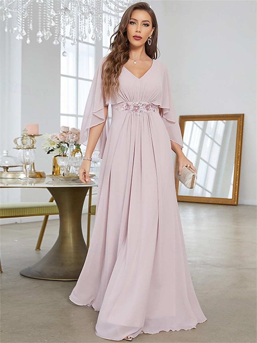 Dress Mother of the Bride Dress Elegant Party V Neck Floor Length Polyester Half Sleeve with Appliques 2025 2025 - $82.99 –P13