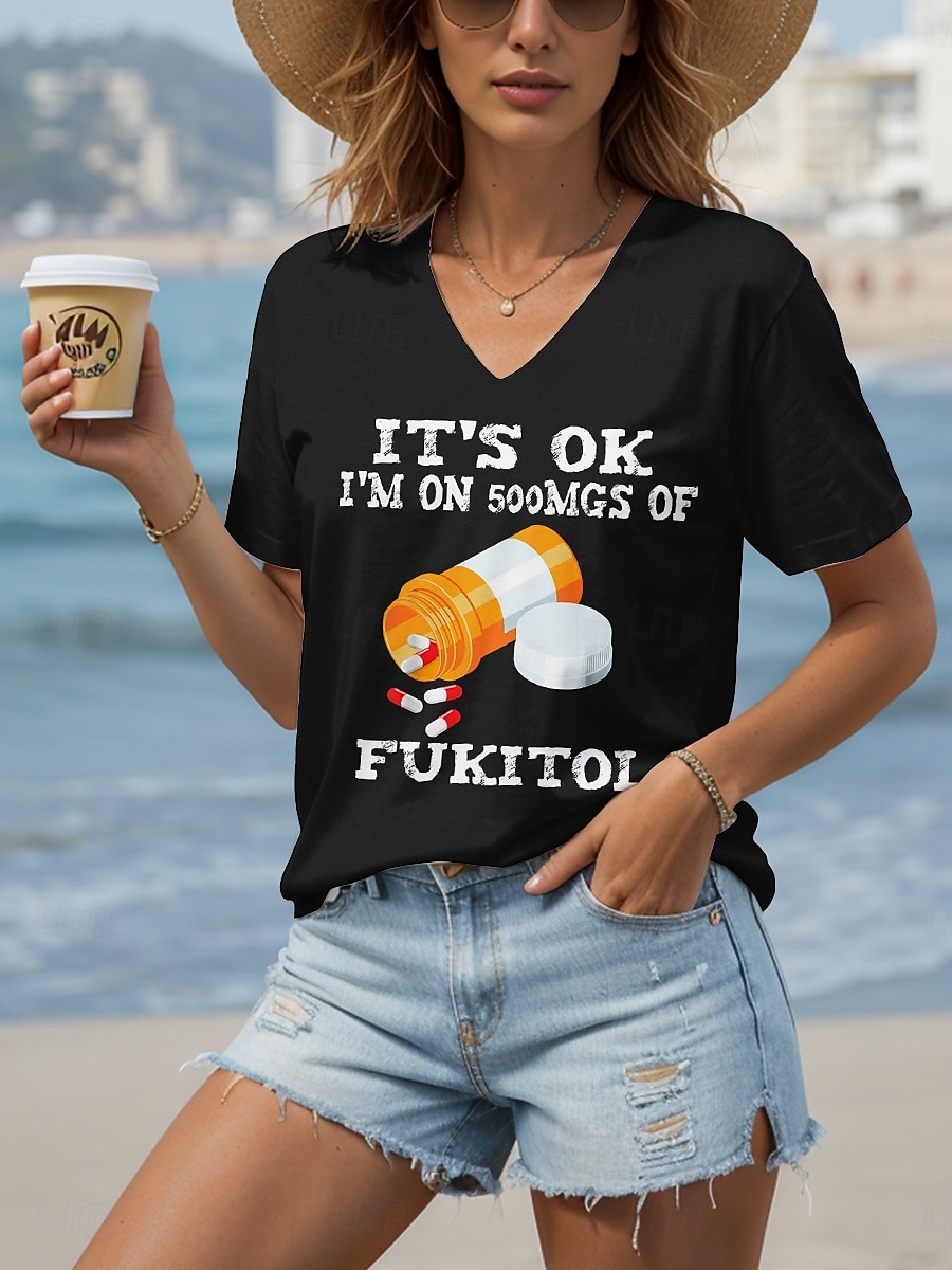 Pentru femei Tricou Grafic Scrisă Casual Manșon scurt În V Topuri obișnuite Zilnic Imprimeu Negru Albastru Prăfuit Trifoi Vară Primăvară 2025 - $19.99 –P4