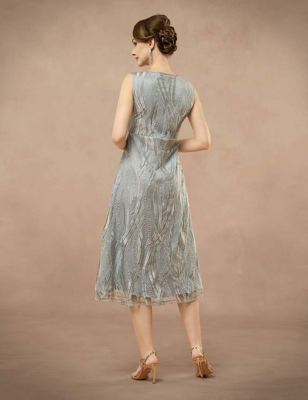 A-Line Mother of the Bride Dress Two Pieces Elegant Jewel Neck Tea Length Lace 3/4 Length Sleeve with Embroidered Lace Applique 2025 2025 - $79.99 –P7