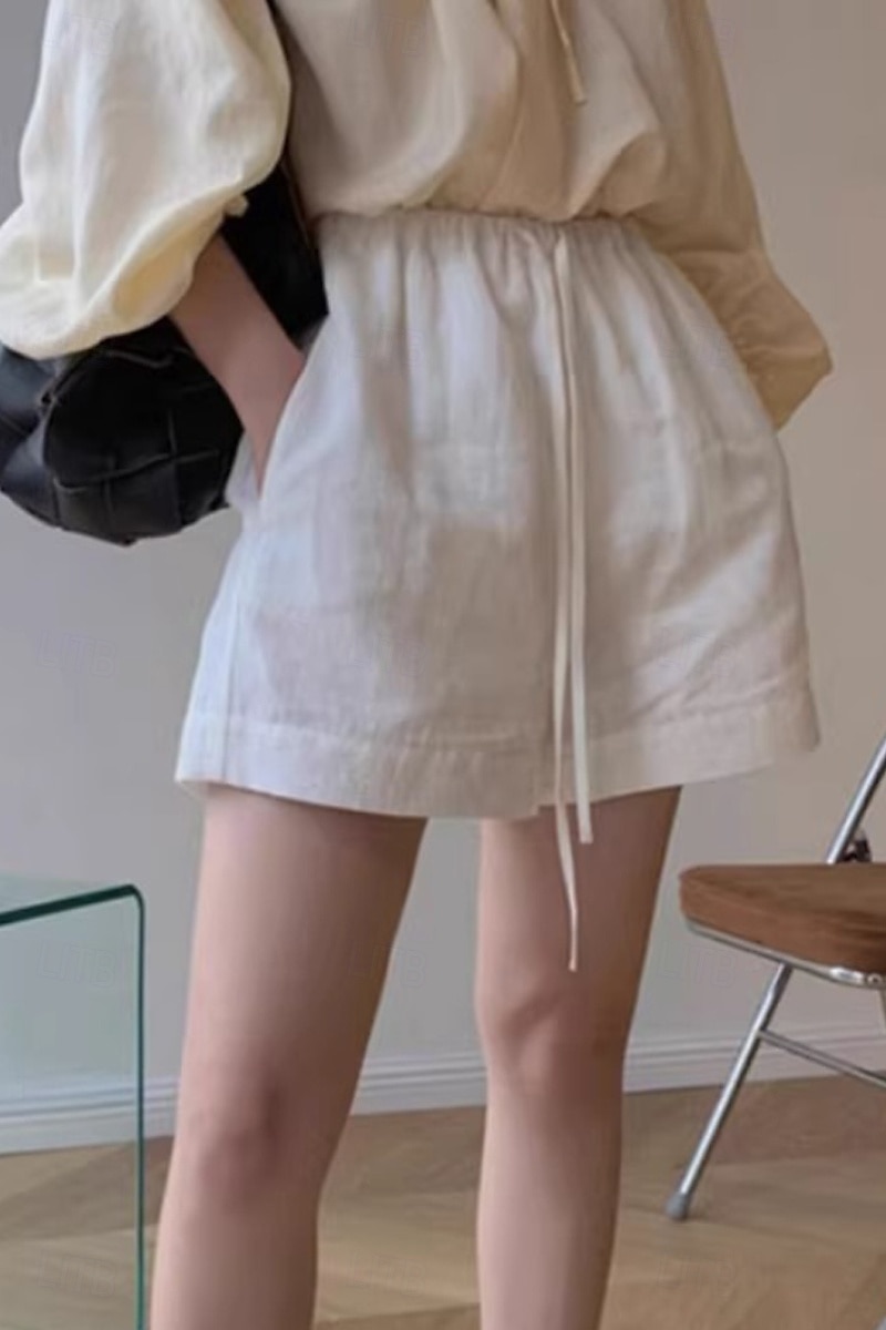 2025年 女性用 コットンリネンショートパンツ ショーツ スラックス ストリートファッション カジュアル ショート ナチュラルウエスト 平織り ポケット 弾性巾着デザイン 通気性 ソフト 快適 マイクロエラスティック カジュアル デイリーウェア ホワイト 夏 レギュラー コレクション – $25.99 –P5