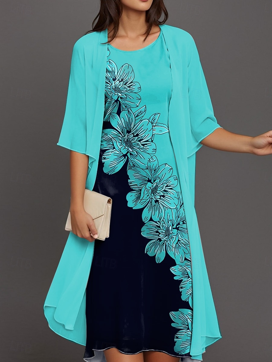 Women's Graduation Dress Midi Dress Dress Set Shift Dress Cocktail Semi  Formal Floral Print Half Sleeve Crew Neck Wedding Guest Daily Blue Fuchsia  Green Summer Spring Loose Fit 2026 - 46.99